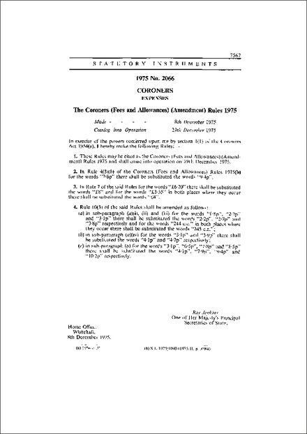 The Coroners (Fees and Allowances) (Amendment) Rules 1975