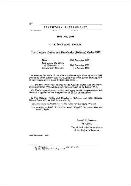 The Customs Duties and Drawbacks (Tobacco) Order 1975