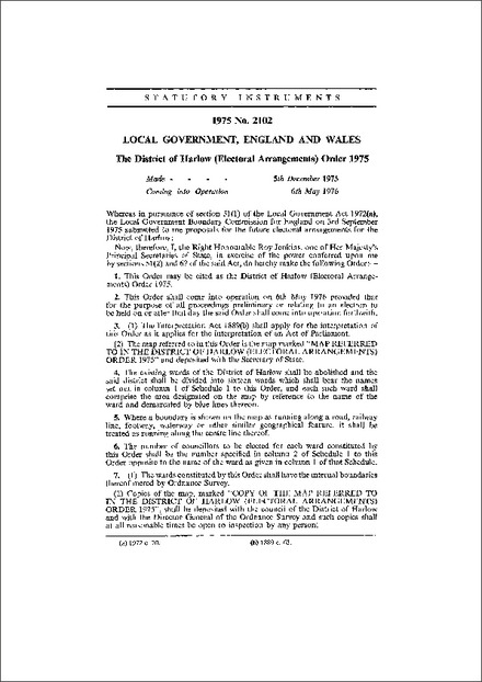 The District of Harlow (Electoral Arrangements) Order 1975