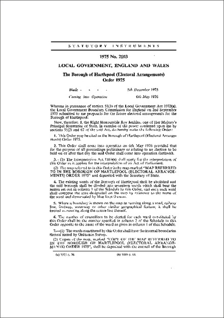 The Borough of Hartlepool (Electoral Arrangements) Order 1975