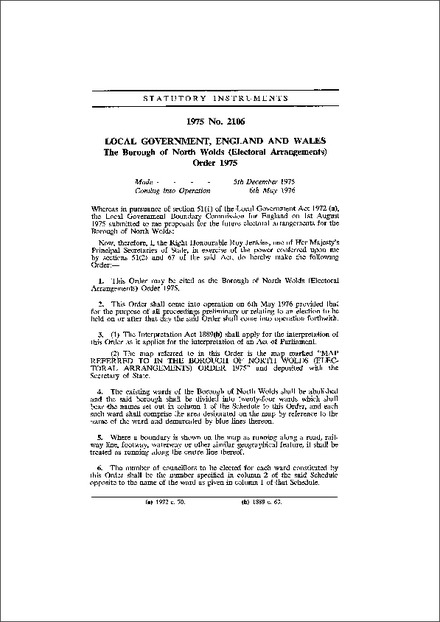 The Borough of North Wolds (Electoral Arrangements) Order 1975