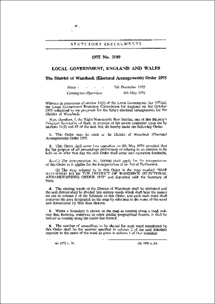 The District of Wansbeck (Electoral Arrangements) Order 1975
