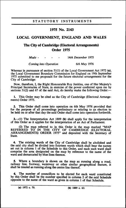 The City of Cambridge (Electoral Arrangements) Order 1975