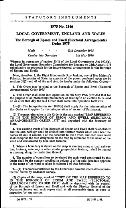 The Borough of Epsom and Ewell (Electoral Arrangements) Order 1975