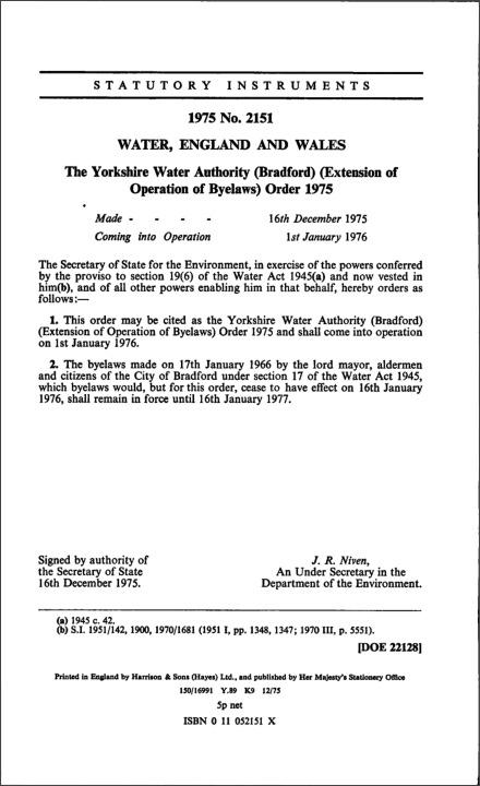 The Yorkshire Water Authority (Bradford) (Extension of Operation of Byelaws) Order 1975