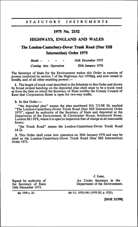 The London-Canterbury-Dover Trunk Road (Star Hill Intersection) Order 1975