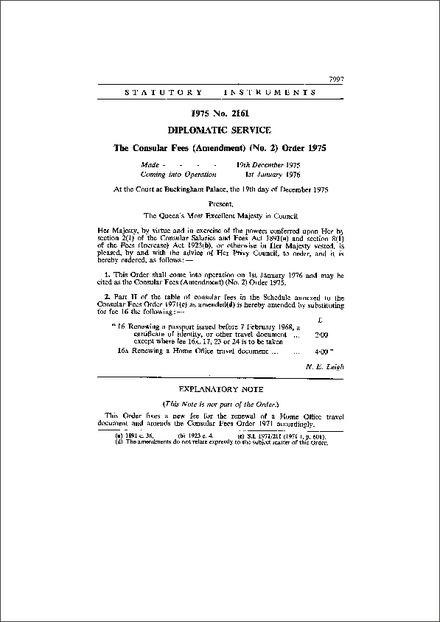 The Consular Fees (Amendment) (No. 2) Order 1975