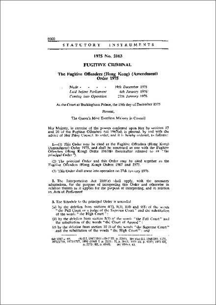 The Fugitive Offenders (Hong Kong) (Amendment) Order 1975