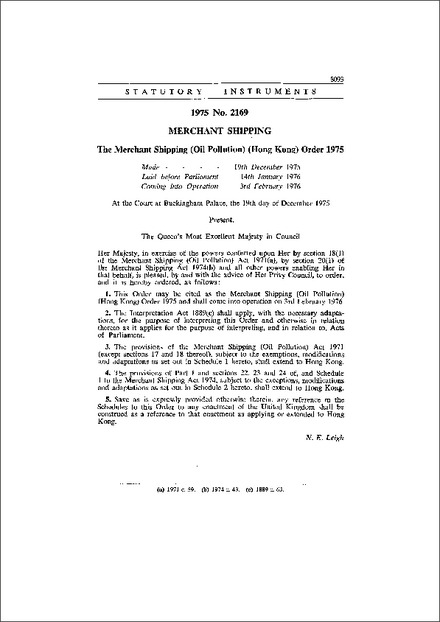 The Merchant Shipping (Oil Pollution) (Hong Kong) Order 1975