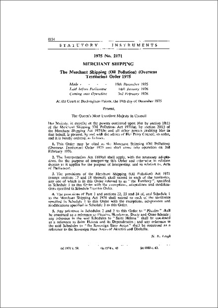 The Merchant Shipping (Oil Pollution) (Overseas Territories) Order 1975