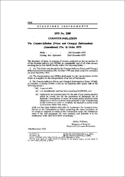 The Counter-Inflation (Prices and Charges) (Information) (Amendment) (No. 4) Order 1975