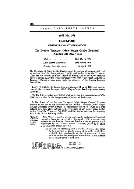 The London Transport (Male Wages Grades Pensions) (Amendment) Order 1975