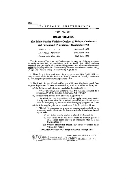 The Public Service Vehicles (Conduct of Drivers, Conductors and Passengers) (Amendment) Regulations 1975