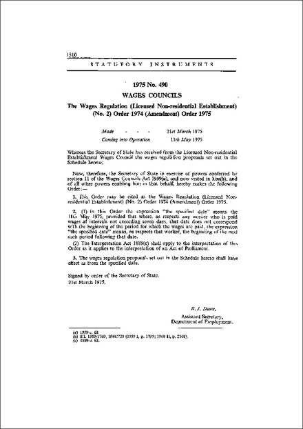 The Wages Regulation (Licensed Non-residential Establishment) (No. 2) Order 1974 (Amendment) Order 1975