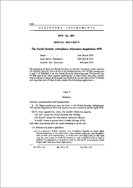 The Social Security (Attendance Allowance) Regulations 1975