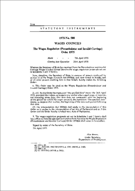 The Wages Regulation (Perambulator and Invalid Carriage) Order 1975