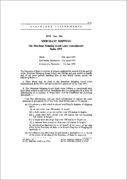 The Merchant Shipping (Load Line) (Amendment) Rules 1975