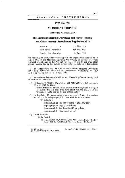 The Merchant Shipping (Provisions and Water) (Fishing and Other Vessels) (Amendment) Regulations 1975