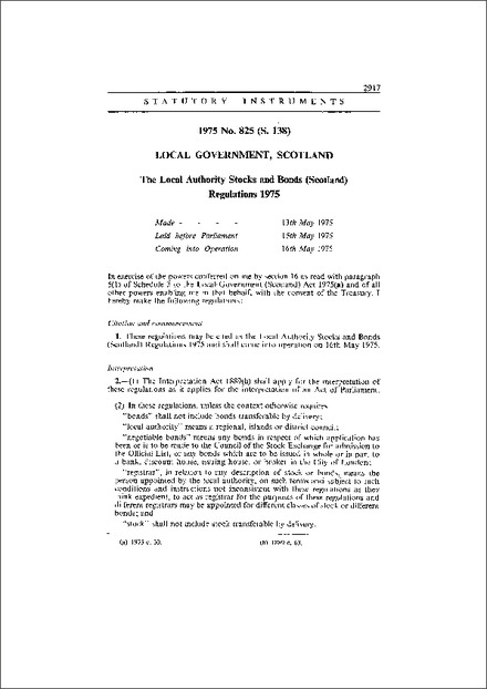 The Local Authority Stocks and Bonds (Scotland) Regulations 1975