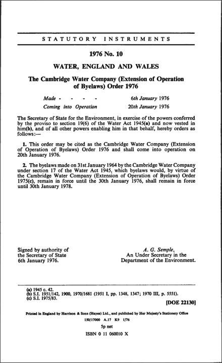 The Cambridge Water Company (Extension of Operation of Byelaws) Order 1976