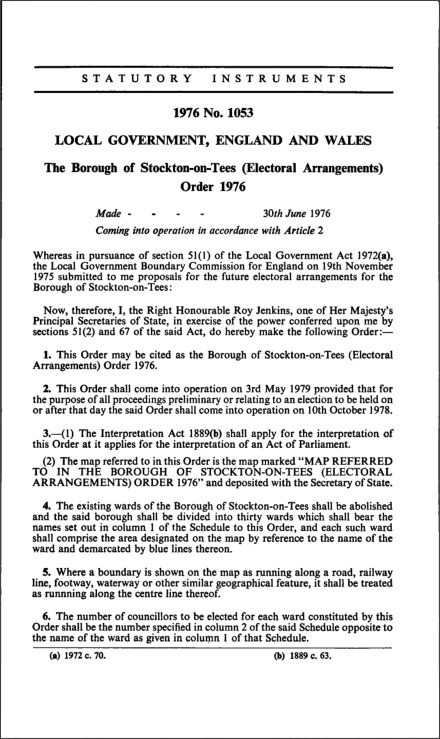 The Borough of Stockton-on-Tees (Electoral Arrangements) Order 1976