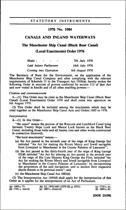 The Manchester Ship Canal (Black Bear Canal) (Local Enactments) Order 1976