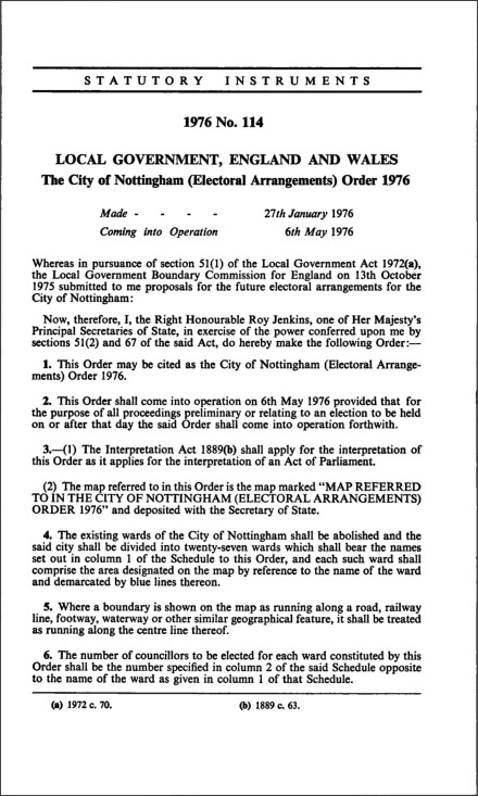 The City of Nottingham (Electoral Arrangements) Order 1976