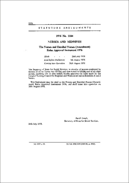 The Nurses and Enrolled Nurses (Amendment) Rules Approval Instrument 1976