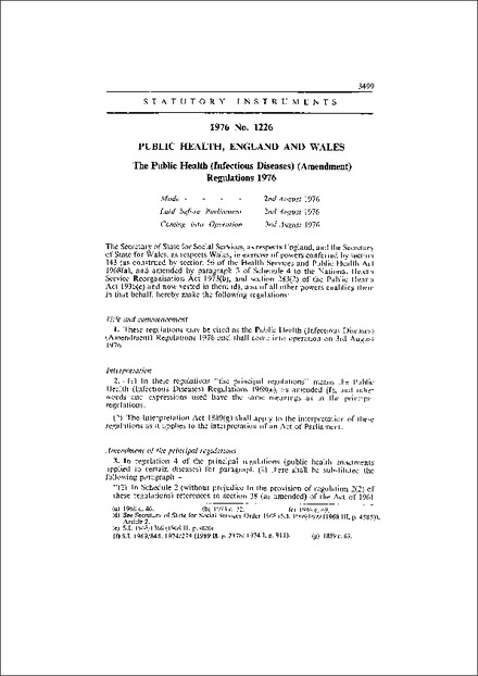 The Public Health (Infectious Diseases) (Amendment) Regulations 1976