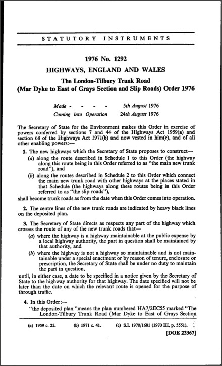 The London-Tilbury Trunk Road (Mar Dyke to East of Grays Section and Slip Roads) Order 1976