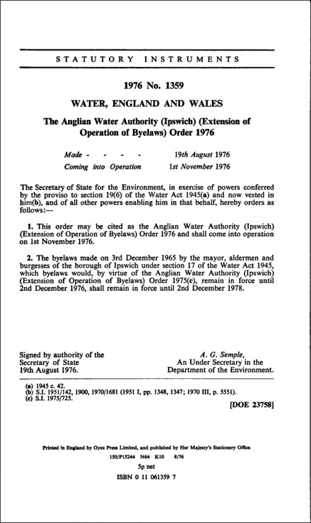 The Anglian Water Authority (Ipswich) (Extension of Operation of Byelaws) Order 1976