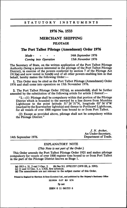 The Port Talbot Pilotage (Amendment) Order 1976