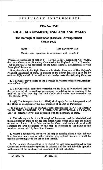 The Borough of Rushmoor (Electoral Arrangements) Order 1976