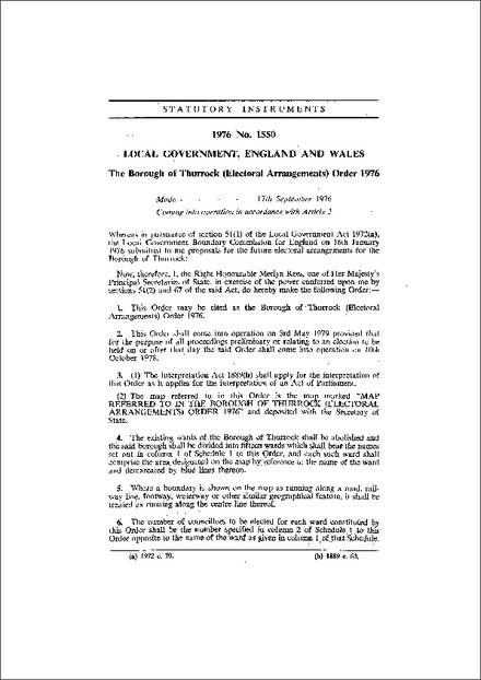 The Borough of Thurrock (Electoral Arrangements) Order 1976