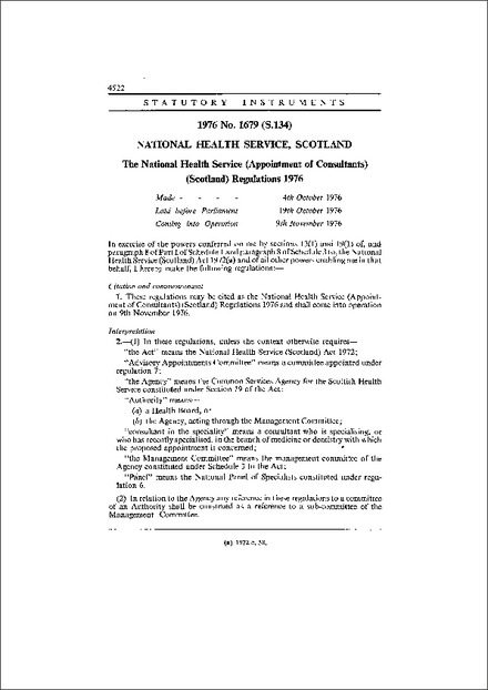 The National Health Service (Appointment of Consultants) (Scotland) Regulations 1976
