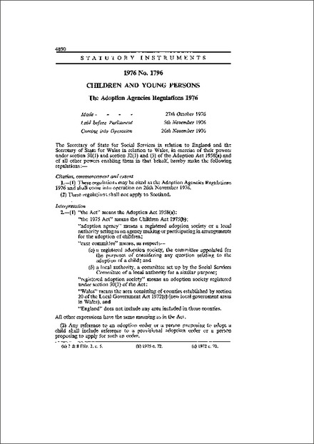 The Adoption Agencies Regulations 1976