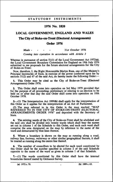 The City of Stoke-on-Trent (Electoral Arrangements) Order 1976