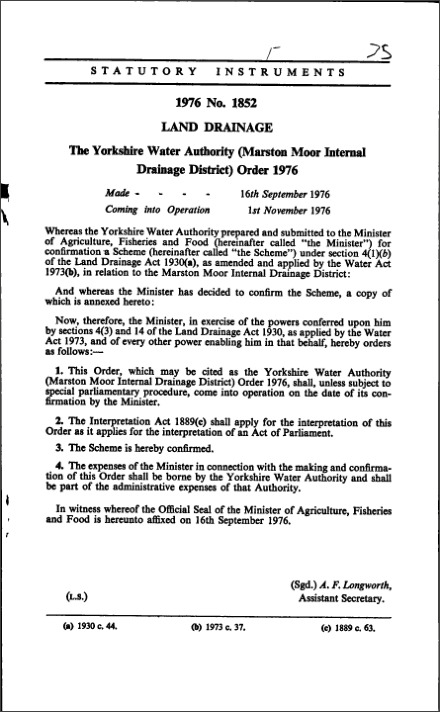 The Yorkshire Water Authority (Marston Moor Internal Drainage District) Order 1976