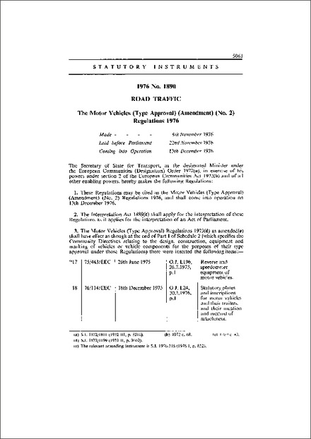 The Motor Vehicles (Type Approval) (Amendment) (No. 2) Regulations 1976