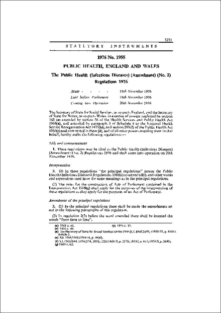 The Public Health (Infectious Diseases) (Amendment) (No. 2) Regulations 1976