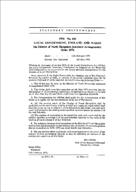 The District of North Shropshire (Electoral Arrangements) Order 1976