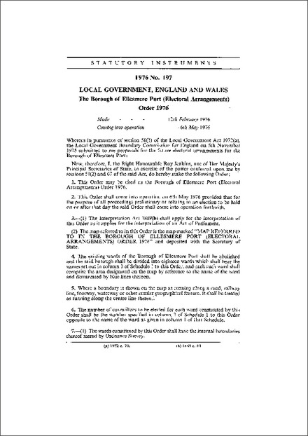 The Borough of Ellesmere Port (Electoral Arrangements) Order 1976