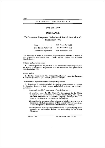 The Insurance Companies (Valuation of Assets) (Amendment) Regulations 1976