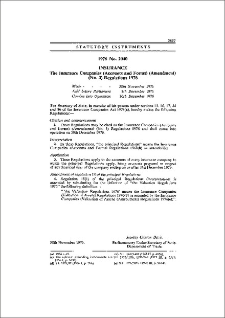 The Insurance Companies (Accounts and Forms) (Amendment) (No. 3) Regulations 1976