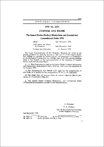 The Import Duties (Turkey) (Reductions and Exemptions) (Amendment) Order 1976