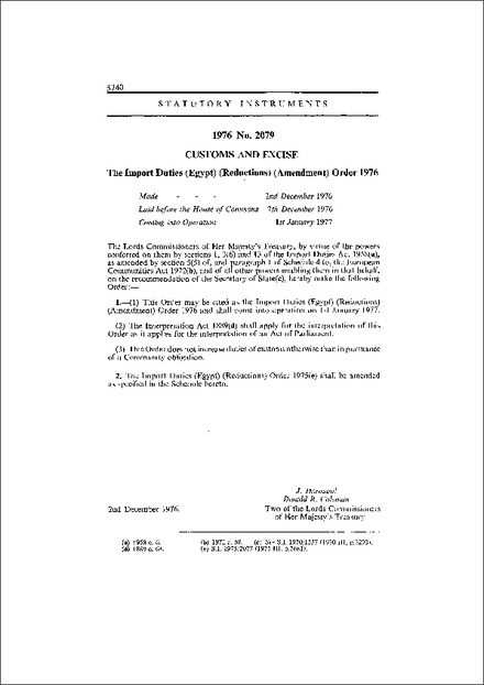 The Import Duties (Egypt) (Reductions) (Amendment) Order 1976