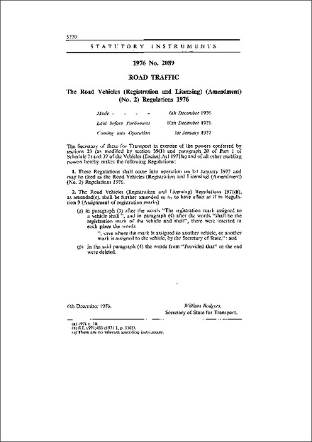 The Road Vehicles (Registration and Licensing) (Amendment) (No. 2) Regulations 1976