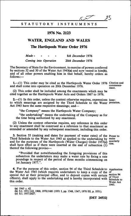 The Hartlepools Water Order 1976