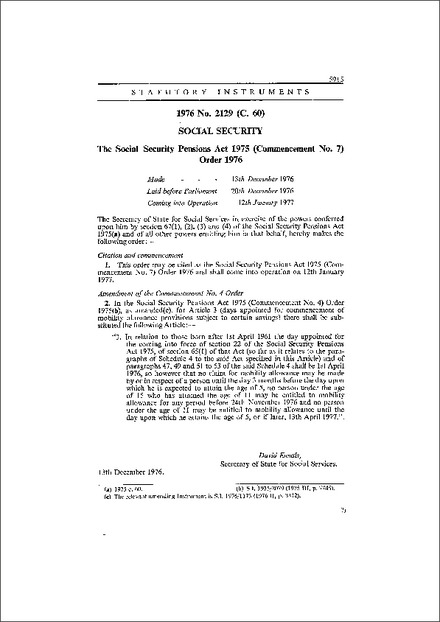 The Social Security Pensions Act 1975 (Commencement No. 7) Order 1976
