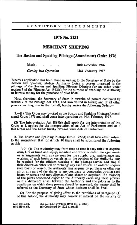 The Boston and Spalding Pilotage (Amendment) Order 1976